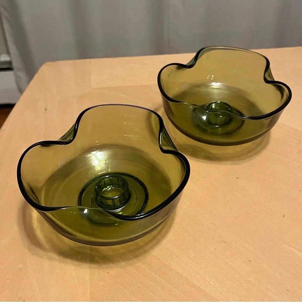 Vintage Anchor Hocking Avocado Candlestick Bowls Set of Two